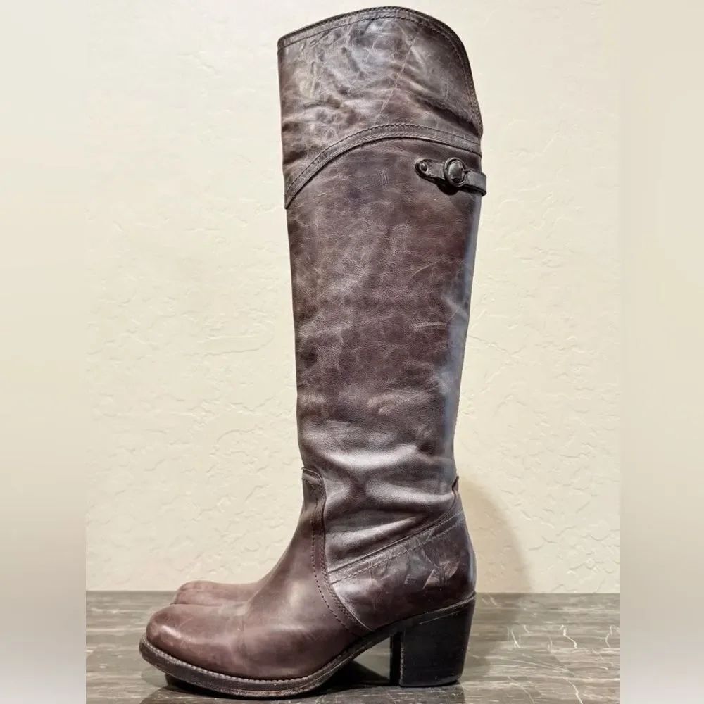 FRYE Jane Western Riding Knee High cuff heeled Boot in Gray Burnished Antique